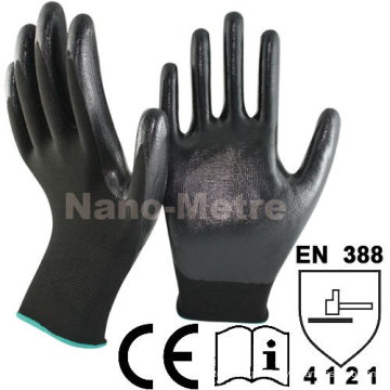 NMSAFETY Forro de nylon preto revestido de luvas de segurança de trabalho de nitrilo liso preto